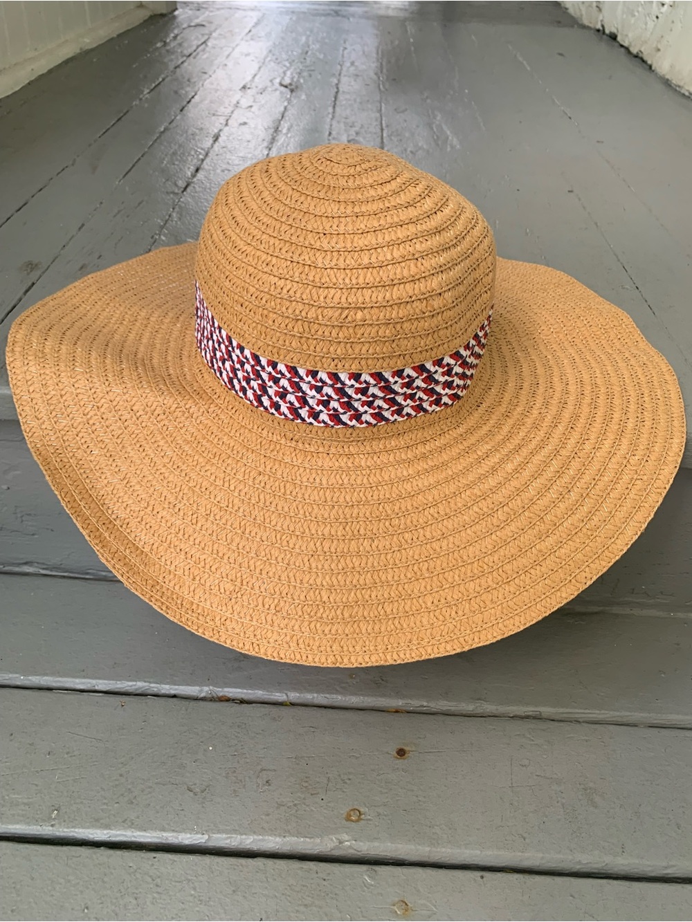 Capelli of New York Wide-Brim Straw Sun Hat with Red, White & Blue Band